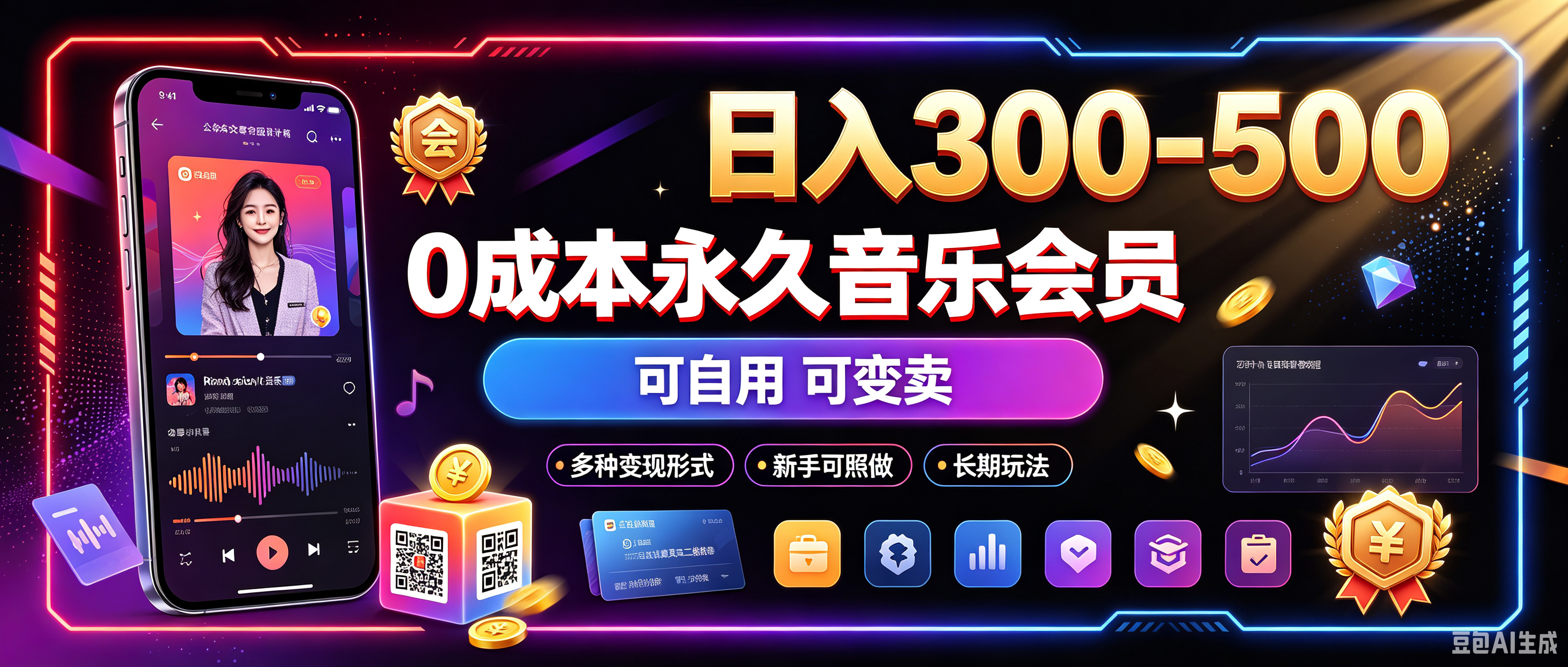 0成本永久音乐会员，可自用可变卖，多种变现形式日入300-500