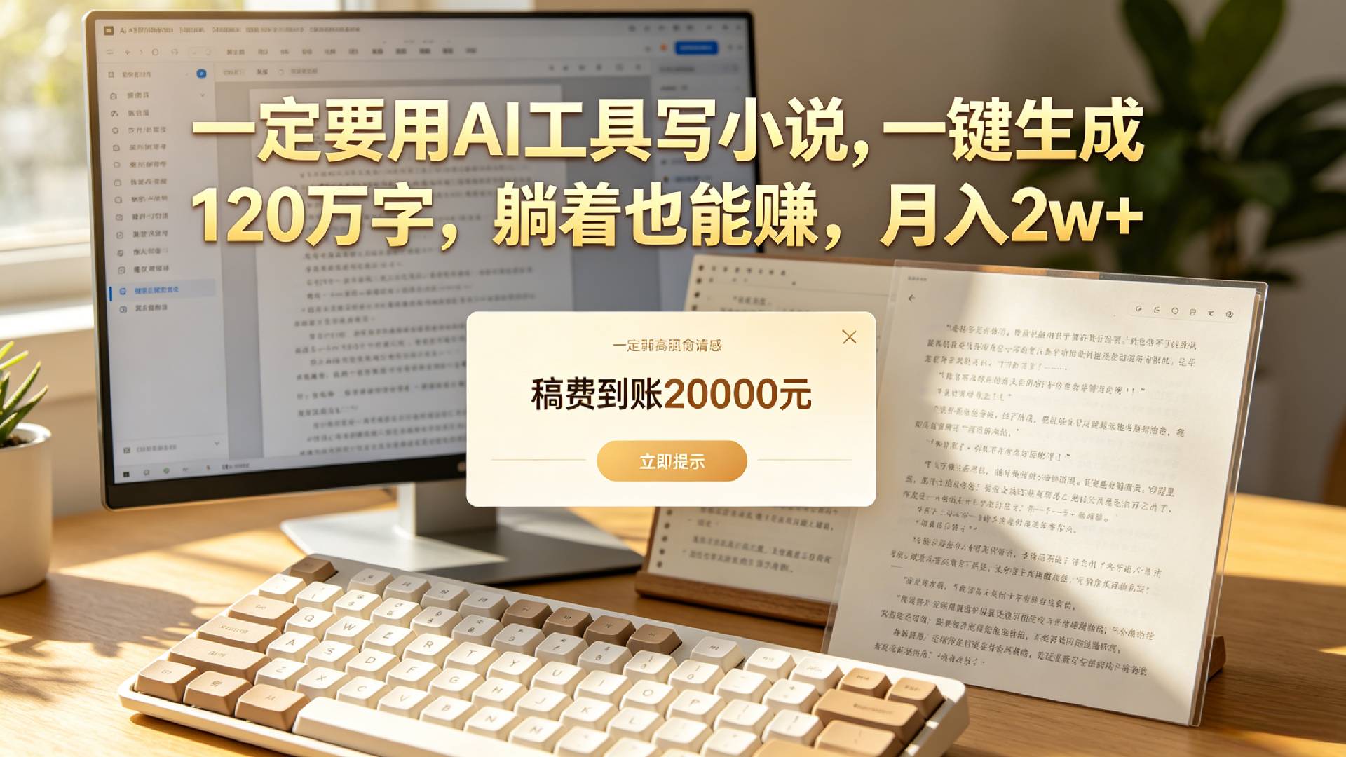 【听劝】一定要用AI工具写小说,一键生成120万字，躺着也能赚，月入2w+
