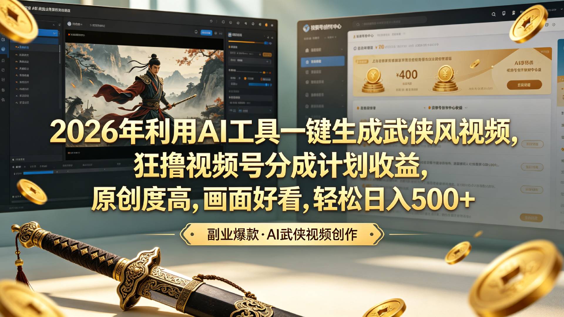 2026年利用AI工具一键生成武侠风视频，狂撸视频号分成计划收益，原创度高，画面好看，轻松日入500+