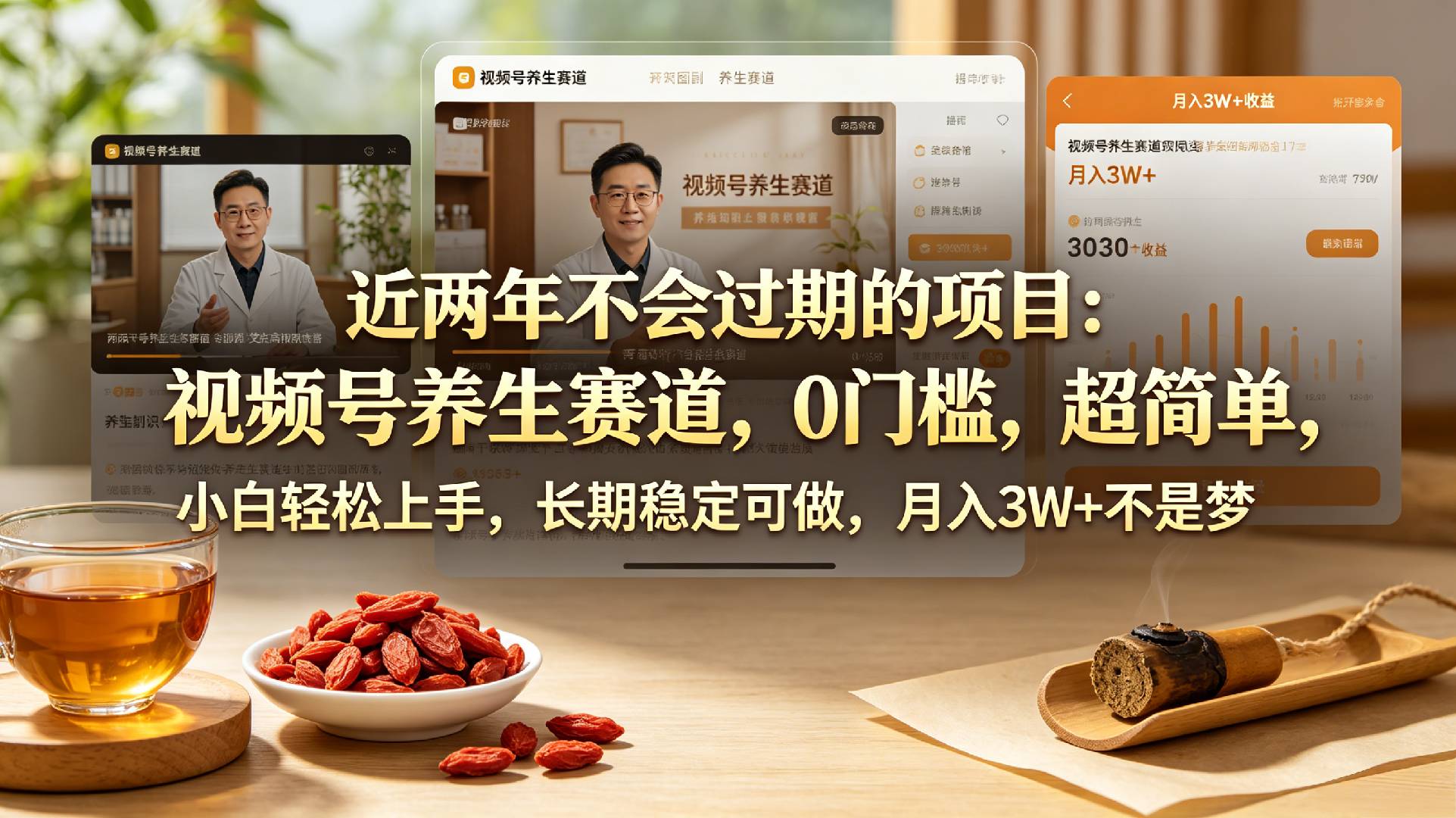 近两年不会过期的项目：视频号养生赛道，0门槛，超简单，小白轻松上手，长期稳定可做，月入3w+不是梦