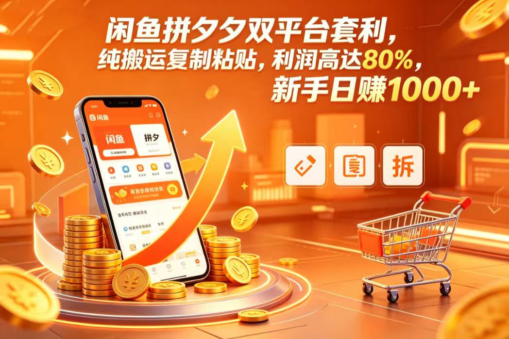 闲鱼拼夕夕双平台套利，纯搬运复制粘贴，利润高达 80%，新手日赚 1000+