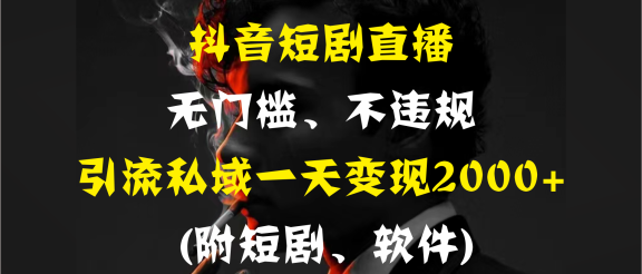 抖音短剧直播，无门槛、不违规，引流私域一天变现2000+ (附短剧、软件)