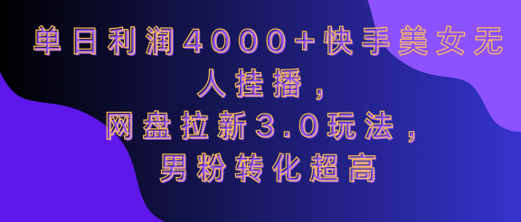 网盘拉新3.0玩法，男粉转化超高，单日利润4000+快手美女无人挂播