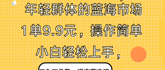 年轻群体的蓝海市场，1单9.9元，操作简单，小白轻松上手，日入四位数，送完整攻略