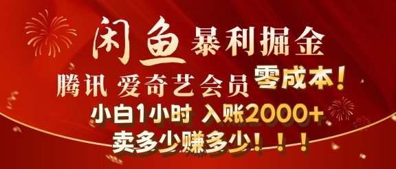 闲鱼全新暴力掘金玩法，官方正品影视会员无成本渠道!小自1小时保底收入2000+