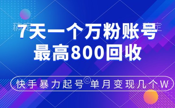 快手暴力起号，7天涨万粉，小白当天起号，多种变现方式，账号包回收，单月变现几个W