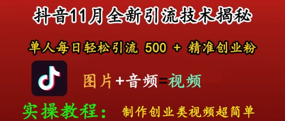 抖音11月全新引流技术，图片+视频 就能轻松制作创业类视频，单人每日轻松引流500+精准创业粉