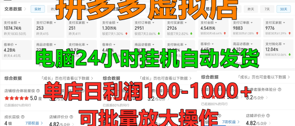 新手首选项目，拼多多虚拟店，单店日利润100-1000+，挂机全自动发货，长久稳定可批量放大操作