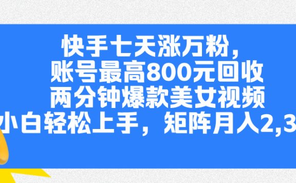 快手七天涨万粉,但账号最高800元回收。两分钟一个爆款美女视频,小白秒上手