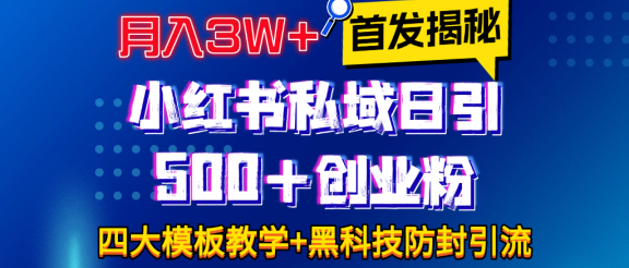 首发揭秘小红书私域日引500+创业粉四大模板，月入3W+全程干货！没有废话！保姆教程！