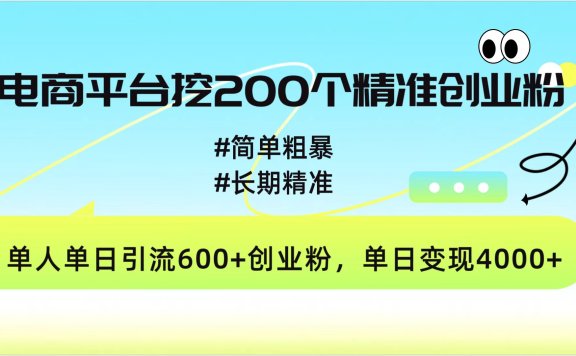 电商平台挖200个精准创业粉,简单粗暴长期精准,单人单日引流600+创业粉,日变现4000+