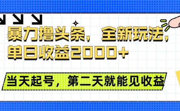 暴力撸头条全新玩法,单日收益2000+,小白也能无脑操作,当天起号,第二天见收益