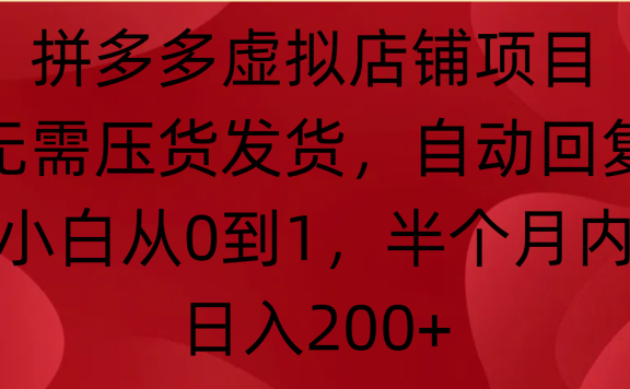 拼多多虚拟店铺项目，无需压货发货，自动回复，小白从0到1，半个月内日入200+