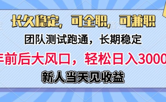 日入3000+,团队测试跑通,长久稳定,新手当天变现,可全职,可兼职