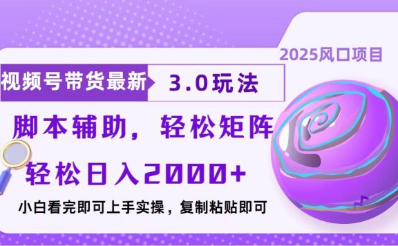 视频号带货最新3.0玩法,作品制作简单,当天起号,复制粘贴,脚本辅助,轻松矩阵日入2000+