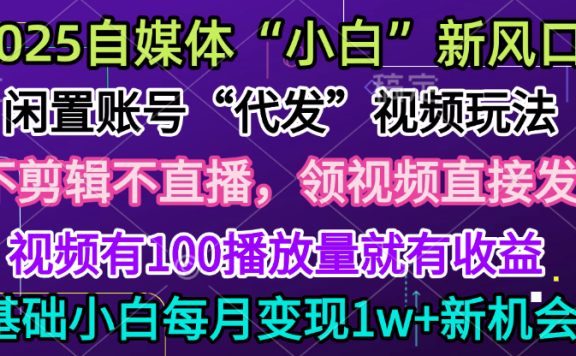 2025每月躺赚5w+新机会,闲置视频账号一键代发玩法,0粉不实名不剪辑,领了视频直接发,0基础小白也能日入300+
