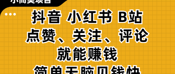 小而美的项目，抖音、小红书、B站视频点赞、关注、评论就能赚钱，简单无脑立见收益！妥妥的零撸项目
