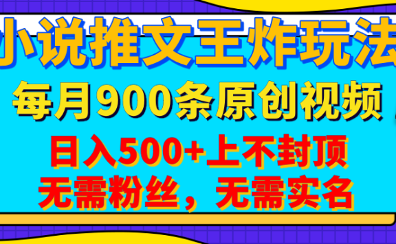 小说推文王炸玩法,一键代发,每月最多领900条原创视频,播放量收益日入500+上不封顶,无需粉丝,无需实名