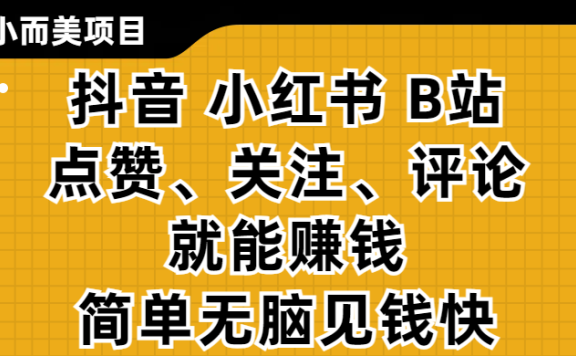 小而美的项目，抖音、小红书、B站视频点赞、关注、评论就能赚钱，简单无脑立见收益！妥妥的零撸项目