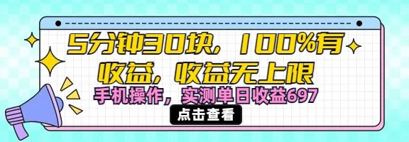 5分钟30块100%有收益，收益无上限。手机操作实测单日收益697