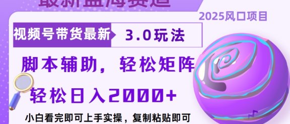 视频号带货最新3.0玩法，作品制作简单，当天起号，复制粘贴，脚本辅助，轻松矩阵日入2000+