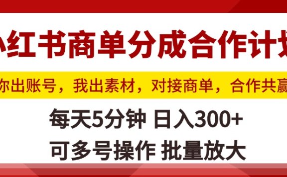 小红书商单分成合作计划,你出账号,我出素材,对接商单,合作共赢,单号日入300+,可批量放大