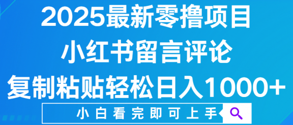 小红书留言评论，2025最新零撸项目，复制粘贴即可赚钱，轻松日入1000+