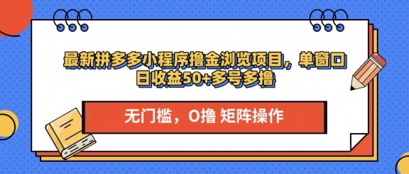 最新PDD小程序撸金浏览项目，单窗口日收益50+多号多撸