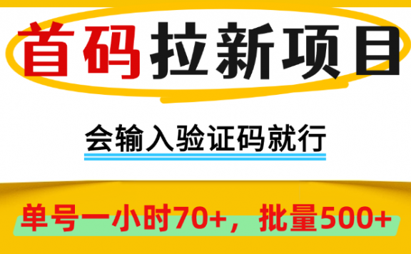 首码拉新项目,会输入验证码就行,绿色正规,单号一小时70+,批量500+