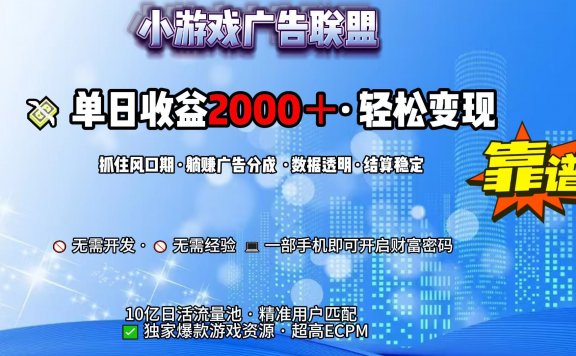 小游戏广告联盟,日收益2000+暴利逆袭