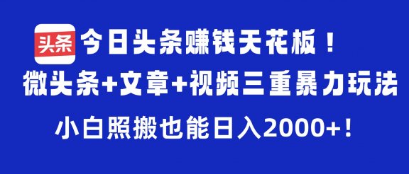 今日头条赚钱天花板！微头条+文章+视频三重暴力玩法，小白照搬也能日入2000+