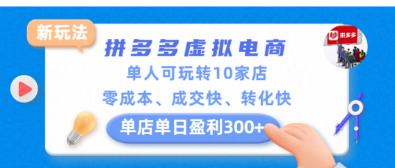 拼多多虚拟电商新玩法，单人可玩转10家店，零成本、成交快、转化快，单店单日可盈利300+