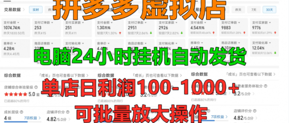 拼多多虚拟店，单店日利润100-1000+，挂机全自动发货，长久稳定新手首选项目，可批量放大操作！