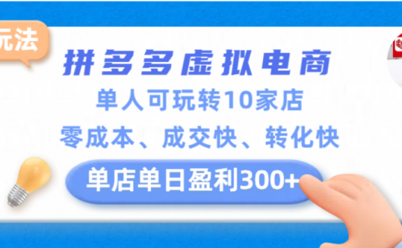 拼多多虚拟电商新玩法，单人可玩转10家店，零成本、成交快、转化快，单店单日可盈利300+