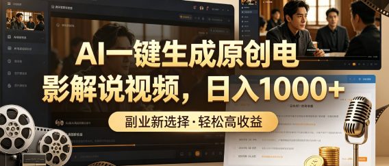 AI一键生成原创电影解说视频，日入1000+！