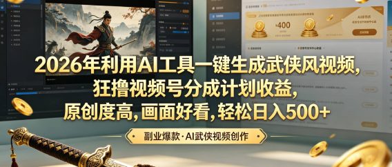 2026年利用AI工具一键生成武侠风视频，狂撸视频号分成计划收益，原创度高，画面好看，轻松日入500+
