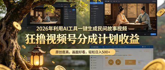 2026年利用AI工具一键生成民间故事视频，狂撸视频号分成计划收益，原创度高，画面好看，轻松日入500+