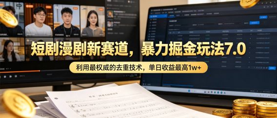 短剧漫剧新赛道，暴力掘金玩法7.0，利用最权威的去重技术，单日可收益最高1w+