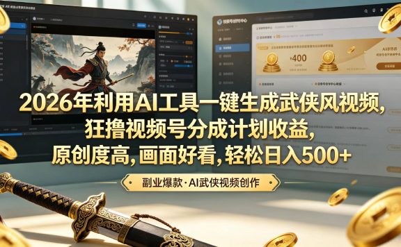 2026年利用AI工具一键生成武侠风视频，狂撸视频号分成计划收益，原创度高，画面好看，轻松日入500+