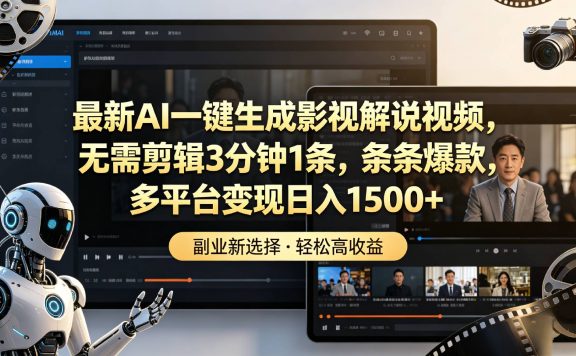 最新AI一键生成影视解说视频，无需剪辑3分钟1条，条条爆款，多平台变现日入1500+