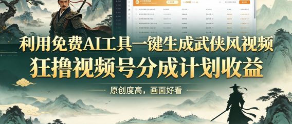 利用免费AI工具一键生成武侠风视频，狂撸视频号分成计划收益，原创度高，画面好看