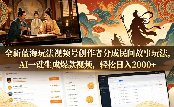 全新蓝海玩法视频号创作者分成民间故事玩法，AI一键生成爆款视频，轻松日入2000+