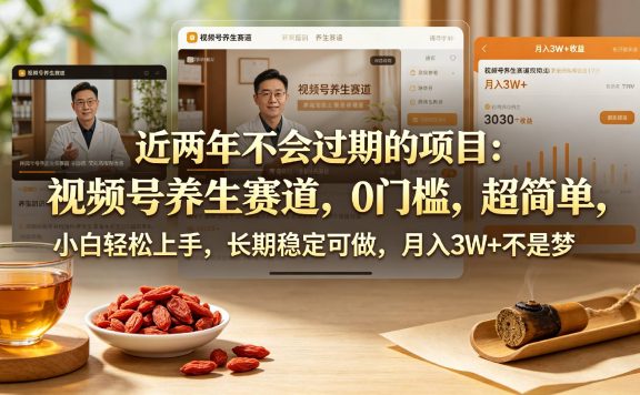 近两年不会过期的项目：视频号养生赛道，0门槛，超简单，小白轻松上手，长期稳定可做，月入3w+不是梦